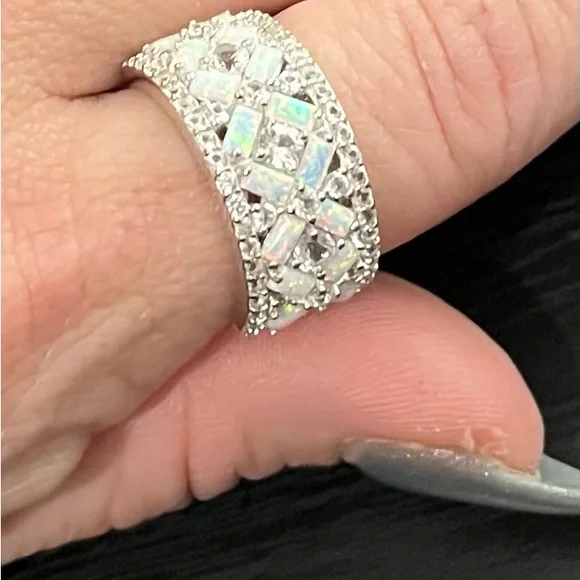 Sterling silver lab created opal and white sapphire X ring - Picture 5 of 6